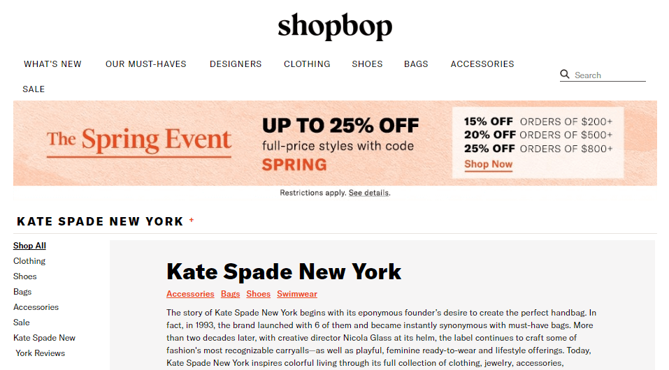 美國網Shopbop春季勁減優惠2020, 單筆訂單滿$200美金即有85折/滿$500美金就升級享有8折/滿$800美金更加可以有最高75折